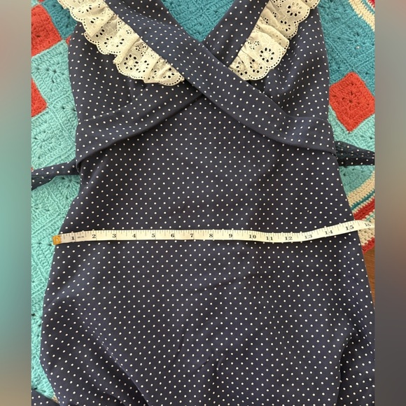 Vintage prairie dress- polka dot navy ruffle, lace cross tie maxi- XXS - Picture 11 of 14